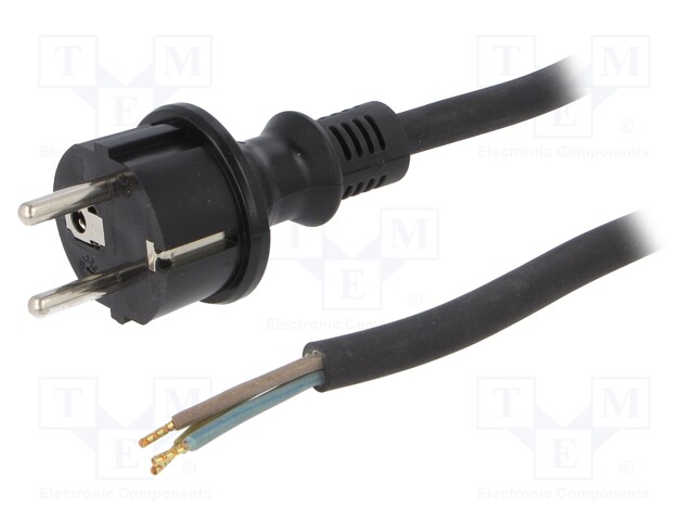 Cable; SCHUKO plug,CEE 7/7 (E/F) plug,wires; 2m; black; rubber