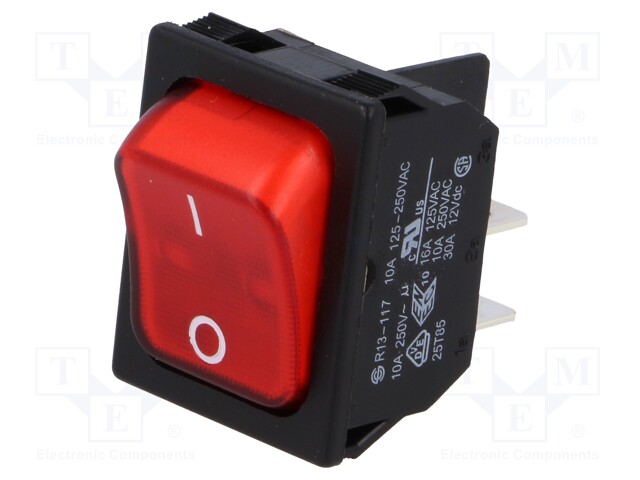 ROCKER; DPST; Pos: 2; OFF-ON; 10A/250VAC; red; neon lamp 250V; 50mΩ