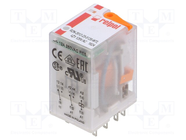 Relay: electromagnetic; DPDT; Ucoil: 120VAC; 12A/250VAC; 12A/24VDC