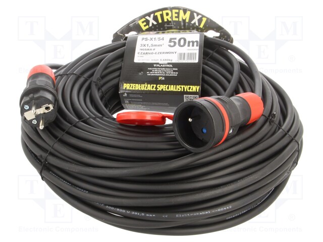 Extension lead; Sockets: 1; rubber; black; 3x1,5mm2; 50m; 16A