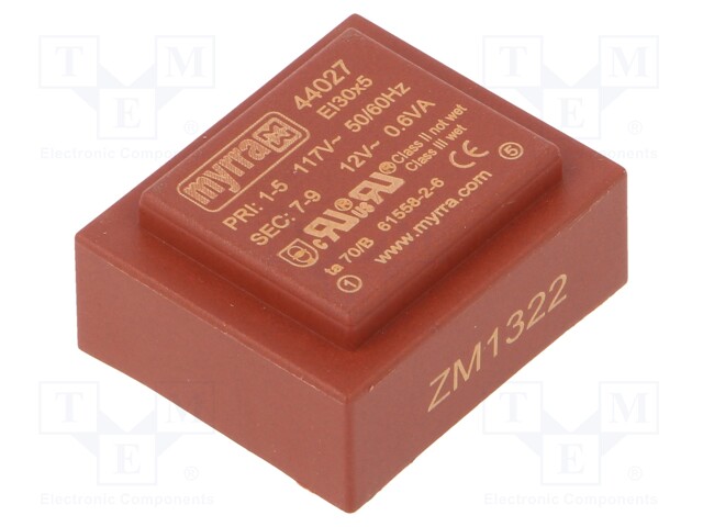 Transformer: encapsulated; 0.6VA; 117VAC; 12V; 50mA; Mounting: PCB