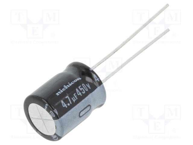 Capacitor: electrolytic; THT; 4.7uF; 450VDC; Ø10x12.5mm; Pitch: 5mm