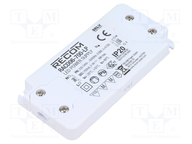 Power supply: switched-mode; LED; 6W; 2÷9VDC; 700mA; 198÷264VAC