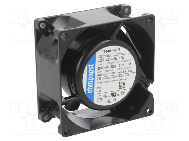 Fan: AC; axial; 230VAC; 80x80x38mm; 61m3/h; 34dBA; slide bearing