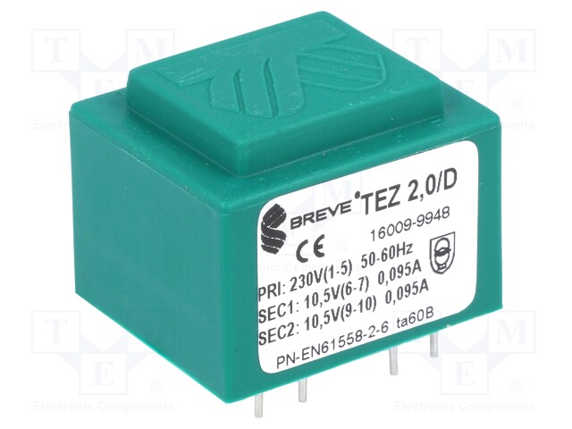 Transformer: encapsulated; 2VA; 230VAC; 10.5V; 10.5V; 95.2mA; IP00