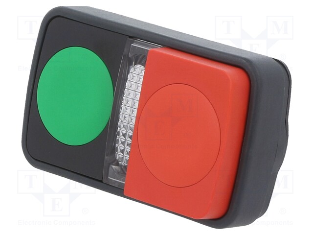 Switch: double; Stabl.pos: 1; 22mm; green/red; IP20; Pos: 2; Ø22mm