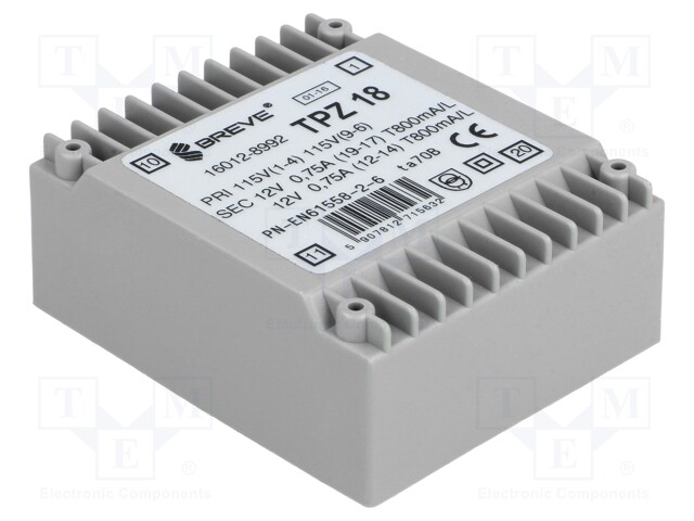 Transformer: mains; 18VA; 115VAC; 12V; 12V; Mounting: PCB; IP00