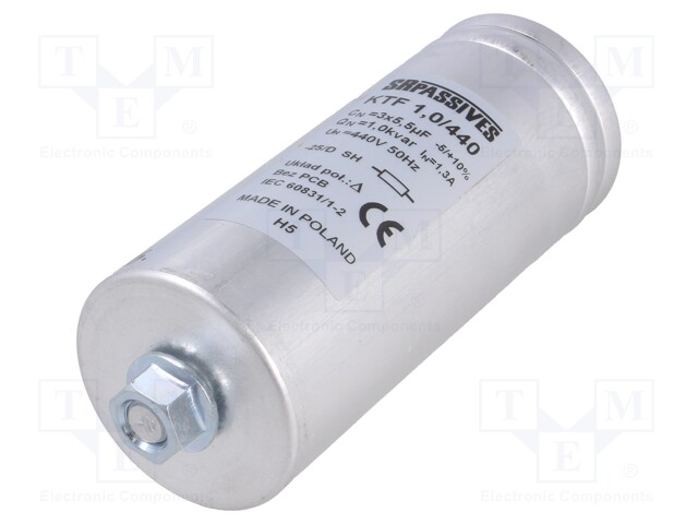 Capacitor: polypropylene; three phase; Q@50Hz: 1kVAR; 440VAC; 1.3A