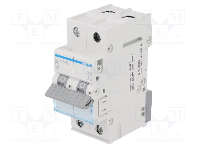 Circuit breaker; 400VAC; Inom: 6A; Poles: 2; DIN; Charact: B; 6kA