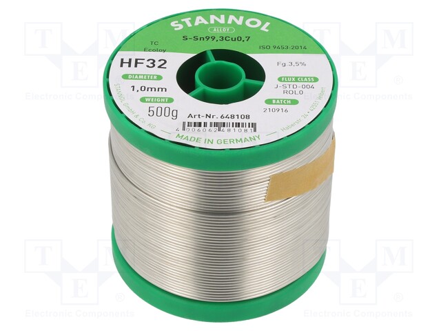 Soldering wire; Sn99Cu1; 1mm; 0.5kg; lead free; Package: reel