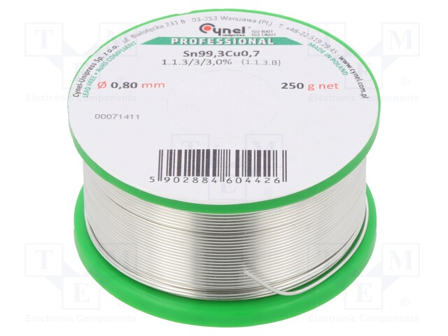 Soldering wire; Sn99,3Cu0,7; 0.8mm; 250g; lead free; Package: reel