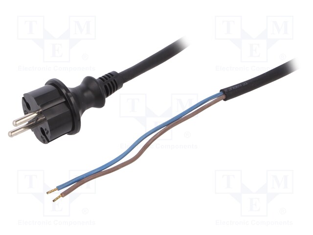 Cable; CEE 7/17 (C) plug,wires; 1.5m; black; PVC; 2x1,5mm2; 16A