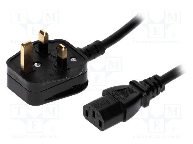 Cable; BS 1363 (G) plug,IEC C13 female; 1.5m; black; PVC; 3A; 250V