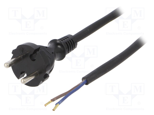 Cable; CEE 7/17 (C) plug,wires; 2m; black; rubber; 2x1mm2; 16A