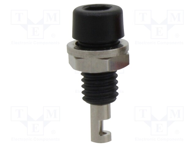 Socket; 2mm banana; 10A; black; nickel plated; on panel,screw