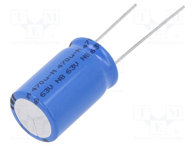 Capacitor: electrolytic; THT; 470uF; 63VDC; Ø16x25mm; Pitch: 7.5mm