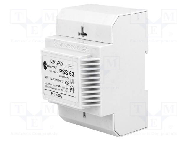 Transformer: safety; 63VA; 400VAC; 230V; IP30; Mounting: DIN; 1.1kg