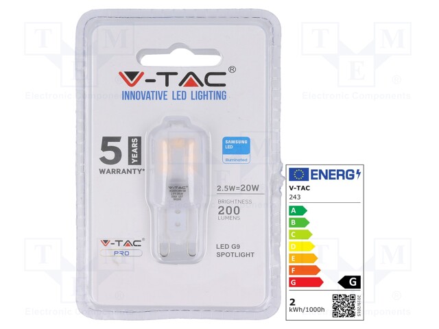 LED lamp; warm white; G9; 220/240VAC; 200lm; 2.5W; 3000K; CRImin: 80