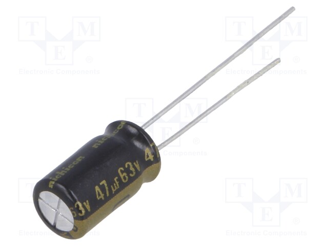 Capacitor: electrolytic; THT; 47uF; 63VDC; Ø6.3x11mm; Pitch: 2.5mm