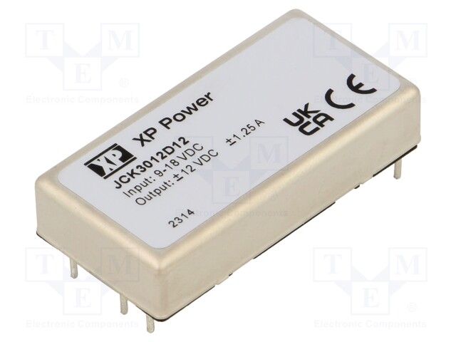 Isolated Board Mount DC/DC Converter, 2:1 Input, ITE, 2 Output, 30 W, 12 V, 1.25 A, -12 V