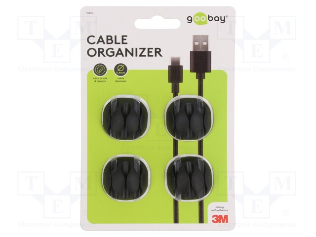 Set of clips; black; Cable P-clips; 4pcs; triple,self-adhesive