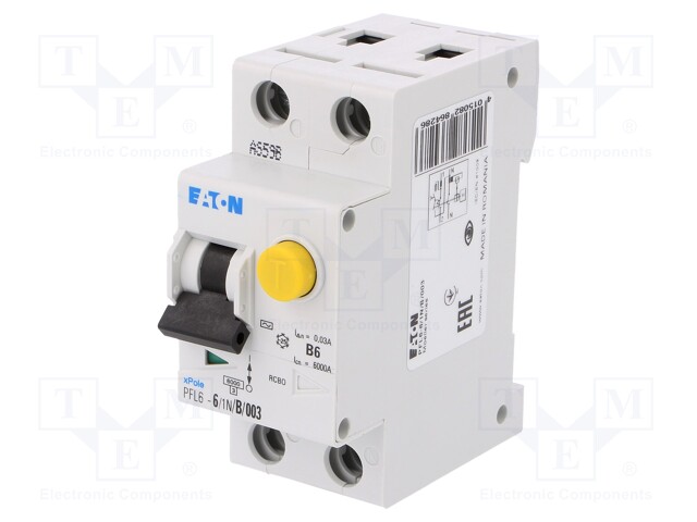 RCBO breaker; Inom: 6A; Ires: 30mA; Max surge current: 250A; 230V