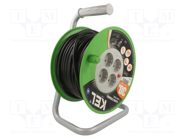 Extension lead; reel; Sockets: 4; PVC; black; 3x1,5mm2; 30m; 16A