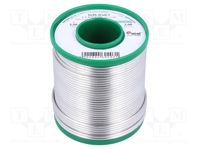 Soldering wire; Sn99,3Cu0,7; 2mm; 1000g; lead free; Package: reel