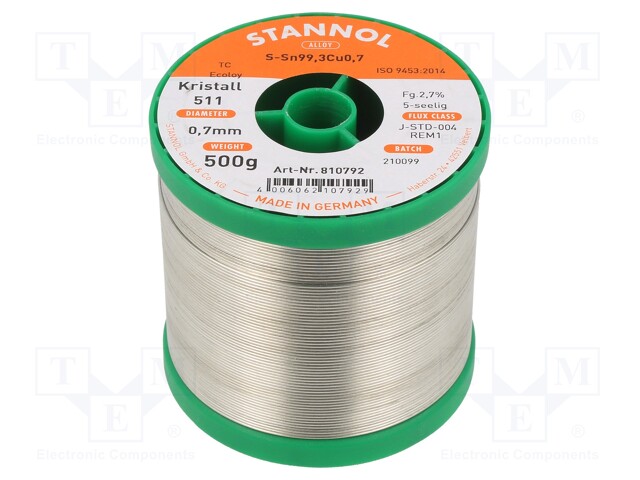 Soldering wire; Sn99Cu1; 700um; 0.5kg; lead free; Package: reel