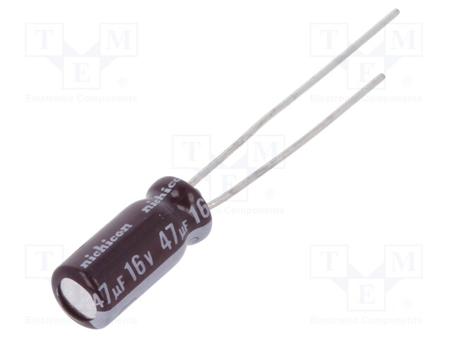 Capacitor: electrolytic; THT; 47uF; 16VDC; Ø5x11mm; Pitch: 2mm; ±20%