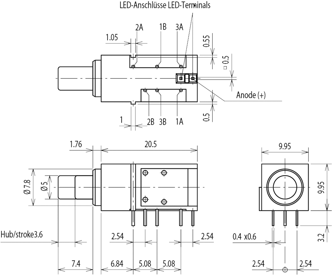 Switch: push-button; Pos: 2; DPDT; 0.5A/60VAC; 0.5A/60VDC; 8N; round