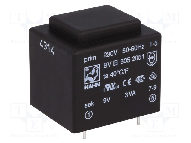 Transformer: encapsulated; 3VA; 230VAC; 9V; 334mA; Mounting: PCB