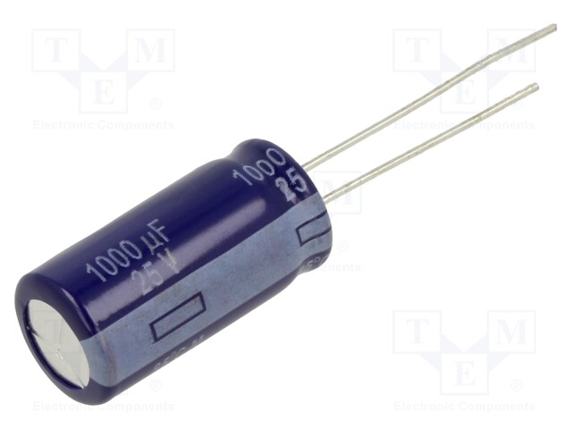 Capacitor: electrolytic; THT; 1000uF; 25VDC; Ø10x20mm; Pitch: 5mm