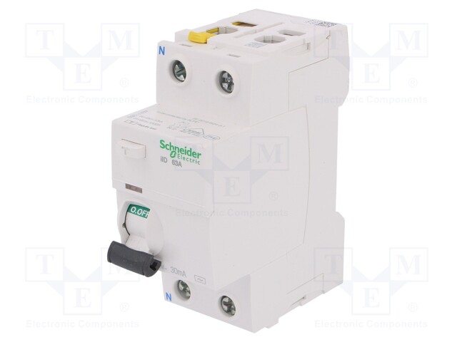 RCD breaker; Inom: 63A; Ires: 30mA; Poles: 2; 400V; Mounting: DIN