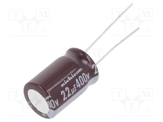 Capacitor: electrolytic; THT; 22uF; 400VDC; Ø12.5x20mm; Pitch: 5mm