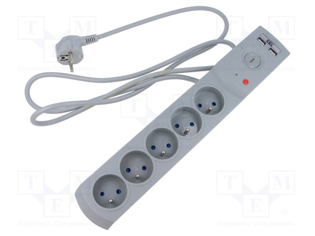 Plug socket strip: protective; Sockets: 5; 230VAC; 10A; grey; 5m