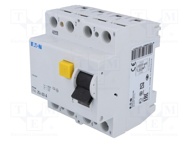 RCD breaker; Inom: 25A; Ires: 0.3A; Max surge current: 250A; 400VAC