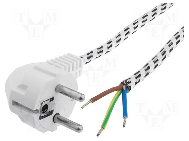 Cable; CEE 7/7 (E/F) plug angled,wires; 2m; white; textile braid