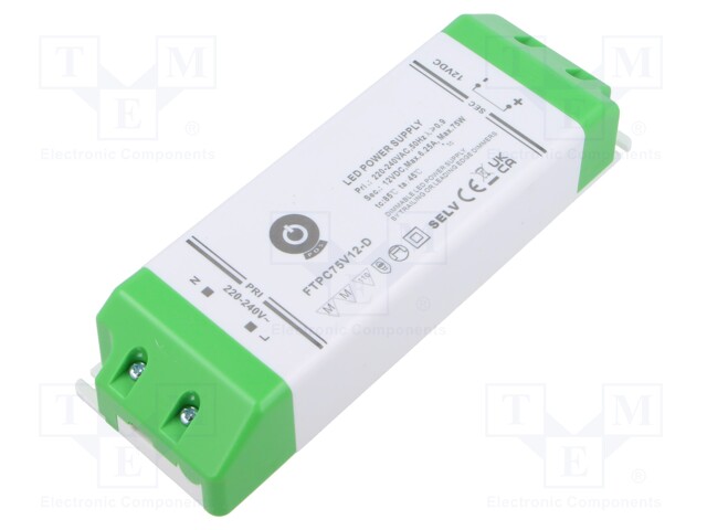 Power supply: switched-mode; LED; 75W; 12VDC; 6.25A; 220÷240VAC