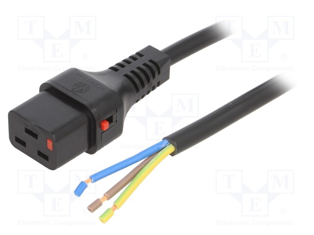 Cable; IEC C19 female,wires; 3m; with IEC LOCK locking; black