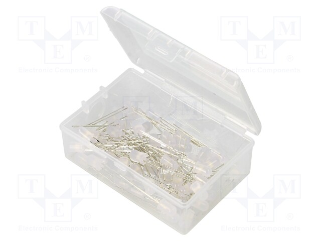 Kit: LED; 5mm; THT; 50pcs; white warm; 3÷15V; plastic box; 7.5mA; 50°