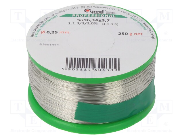 Soldering wire; Sn96,3Ag3,7; 0.25mm; 0.25kg; lead free; 2.5%