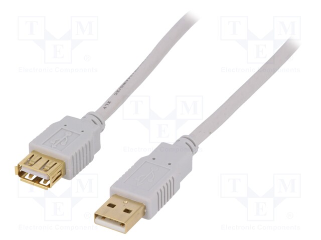 Cable; USB 2.0; USB A socket,USB A plug; gold-plated; 5m; grey