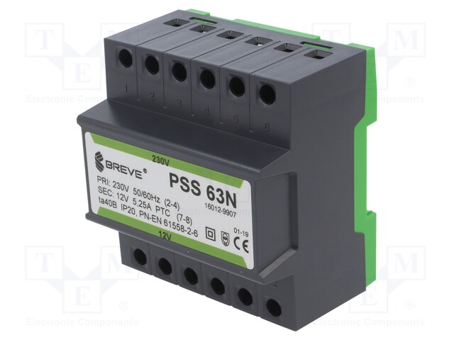 Transformer: safety; 63VA; 230VAC; 12V; IP30; Mounting: DIN; 1.1kg