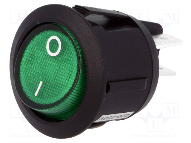 ROCKER; DPST; Pos: 2; OFF-ON; 10A/250VAC; green; neon lamp 230V