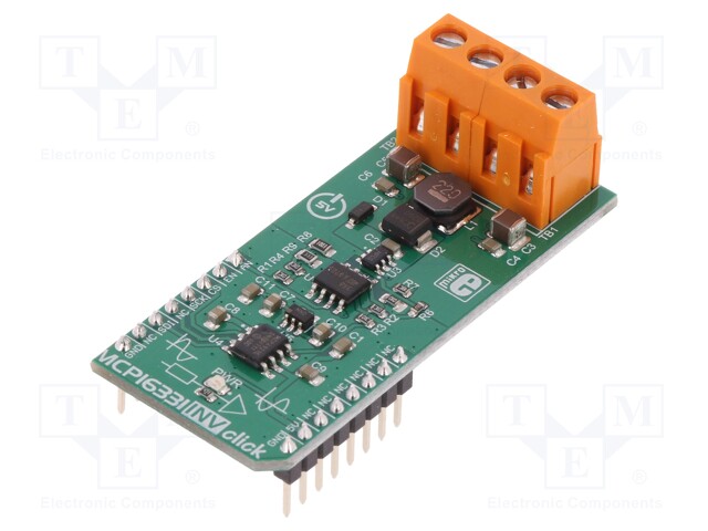 Click board; DC/DC converter; GPIO,SPI; MCP16331,MCP4921; 5VDC