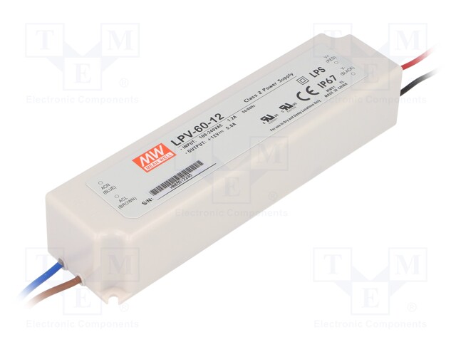 Power supply: switched-mode; LED; 60W; 12VDC; 5A; 90÷264VAC; IP67