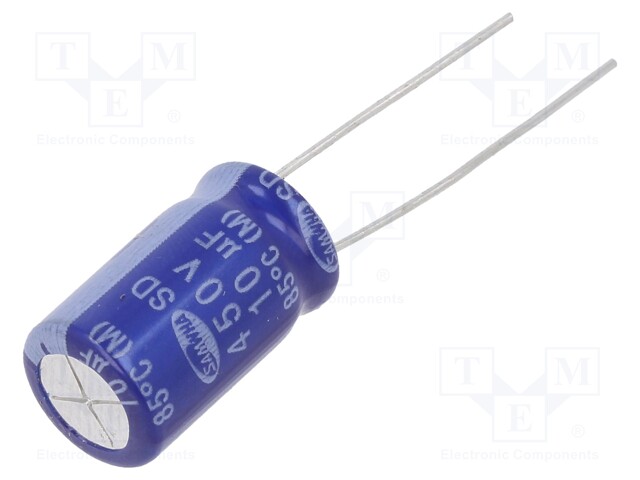 Capacitor: electrolytic; THT; 10uF; 450VDC; Ø10x16mm; ±20%; 2000h