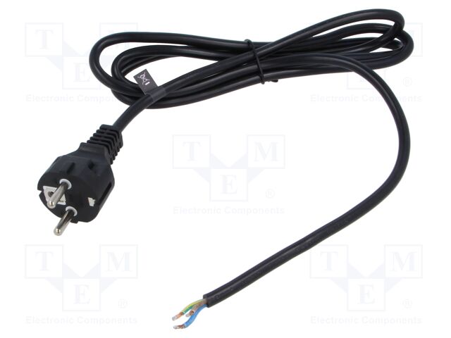 Cable; 3x1.5mm2; CEE 7/7 (E/F) plug angled,wires; PVC; 3m; black