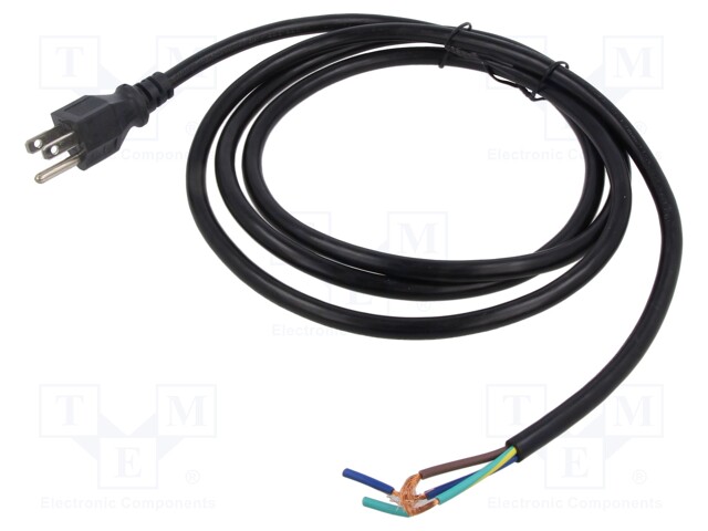 Cable; NEMA 5-15 (B) plug,wires; PVC; 2m; black; 3x16AWG; 13A; 125V